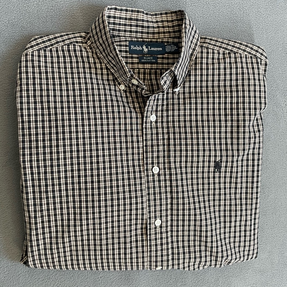 Polo by Ralph Lauren Men's Tan and Black Plaid Shirt blake button down sz lrg‎